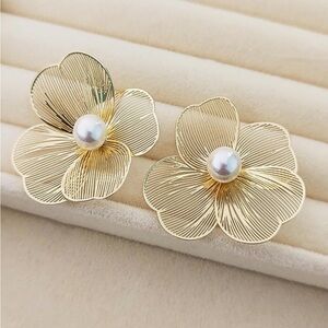 Gold Floral Earrings with Pearl Accent